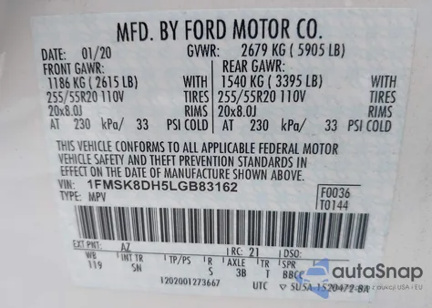 2020 Ford Explorer Xlt z USA, uszkodzony, nr VIN 1FMSK8DH5LGB83162